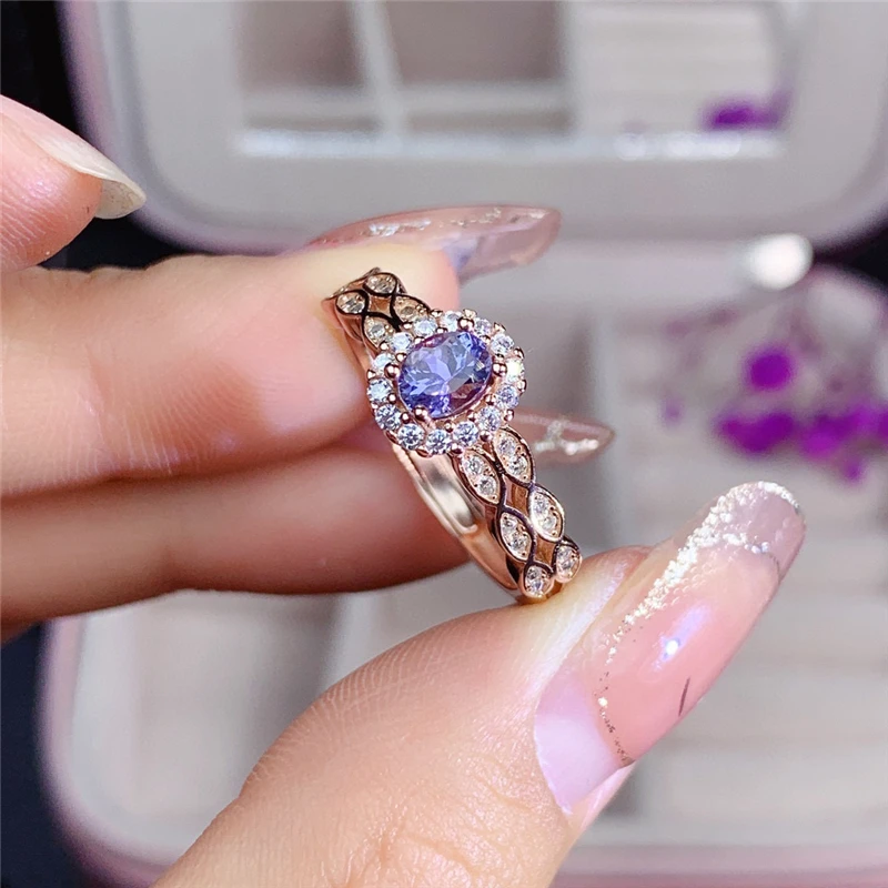 WEAINY Natural Tanzanite Woman Ring S925 Sterling Silver Plated Rose Gold Ring Natural Gemstone Birthstone with Certificate