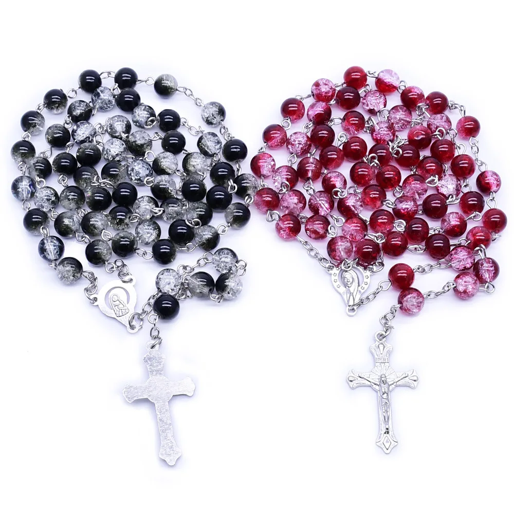 1PC 8cm Gradient Color Religious Rosary Round Beads Cross Virgin Mary Fashion Rosary Cross Necklace Catholic Religious Jewelry