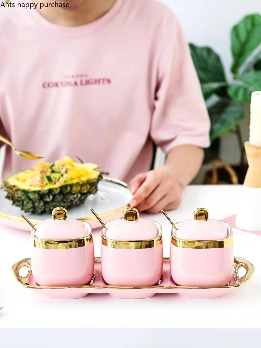 Nordic Light Pink Golden Rim Ceramics Sugar Bowl Salt Shaker Seasoning Tank Castor Seasoning Bowl Three-piece Suit Ceramic Jar