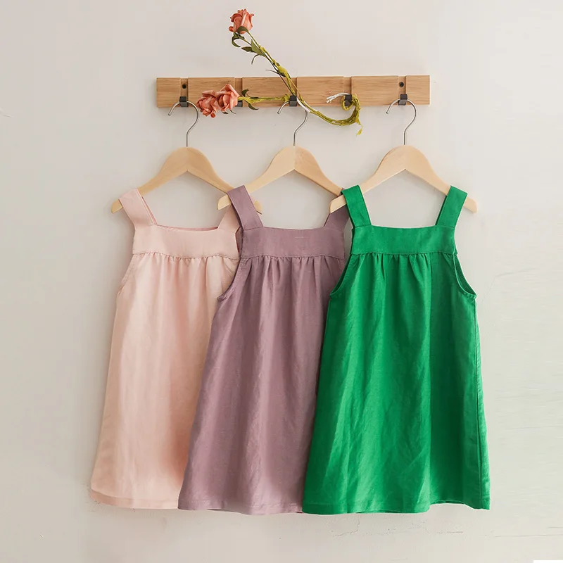 Girls Cotton And Linen Strap Dress With Hat Summer New Casual Comfortable Breathable Sling Linen Dresses Kids Clothes