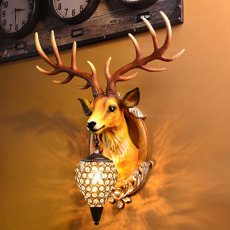 

Rastic Antler Wall Lamp Modern Deer Head Crystal Wall Sconce Fireplace Wall Light In Living Room Bedroom Lobby Hotel Restaurant