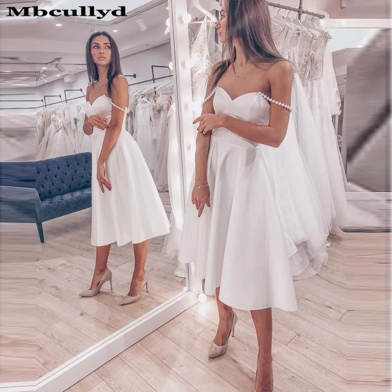 Mbcullyd Knee Length Short Wedding Dresses 2023 Elegant A Line Bohemia Beach Dresses Bridal For Women Pearls Vestido De Noiva