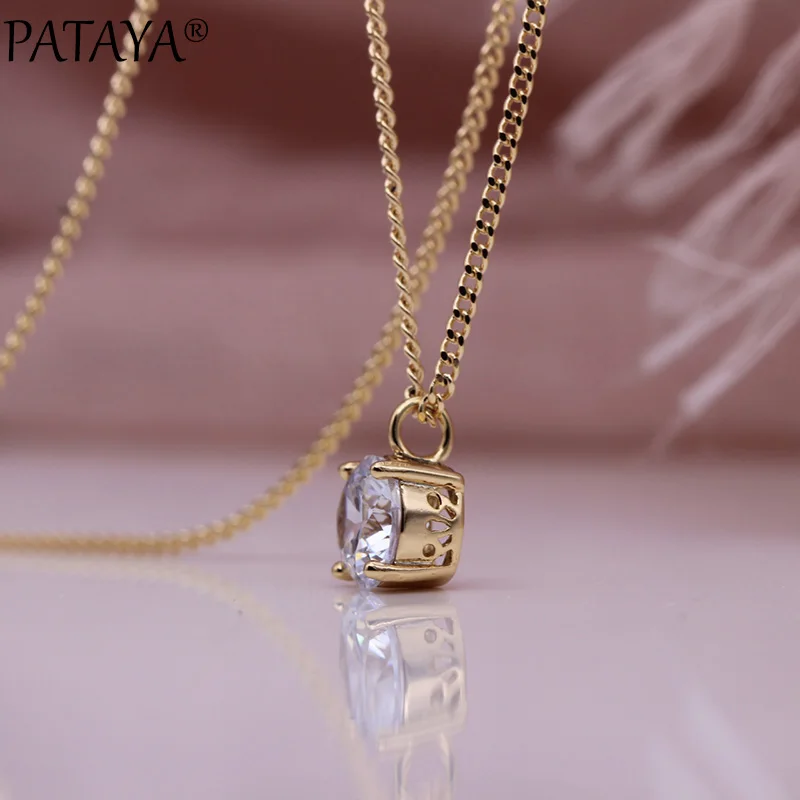 PATAYA New Simple White Round Long Necklaces 585 Rose Gold Color Pendants Women Natural Zircon Cute Engagement Fashion Jewelry