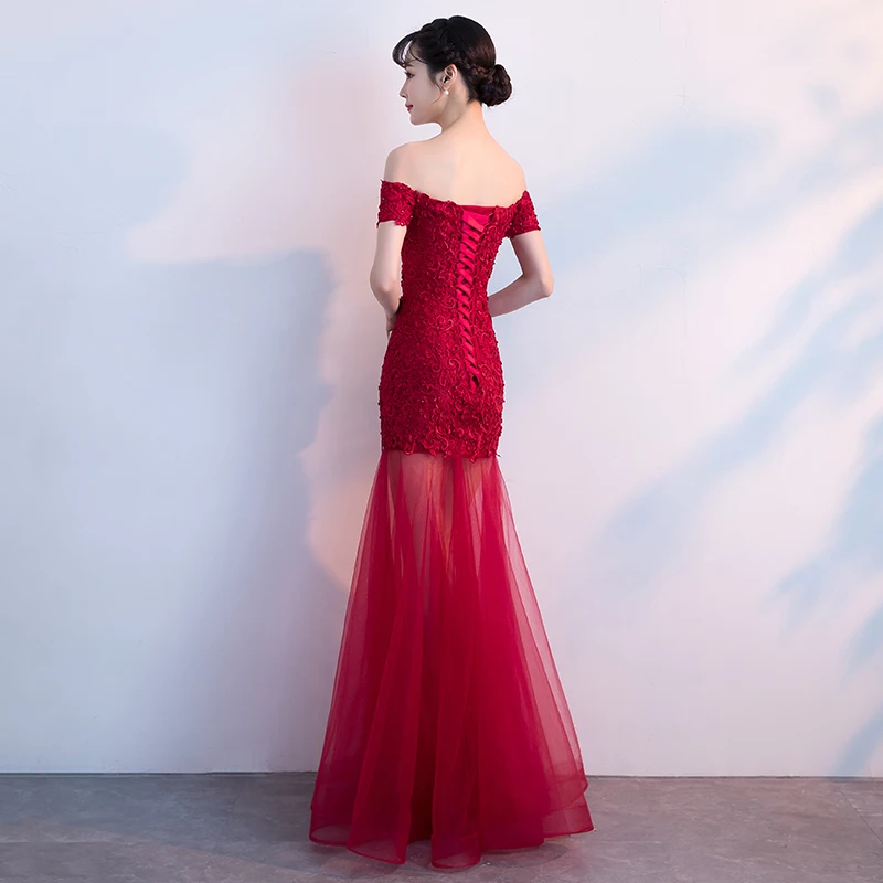 Robe de soiree New Arrival Red Boat Neck Bouquet Evening dress Mermaid Lace Up vestido de festa Party Prom dresses Custom made