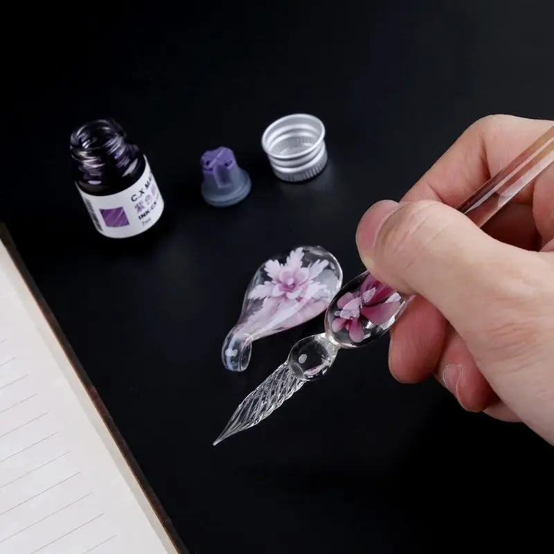 Glass Calligraphy Pen Crystal Glass Dip Ink Pen Set Non-Carbon Ink Signature Pens Writing Tools GK99
