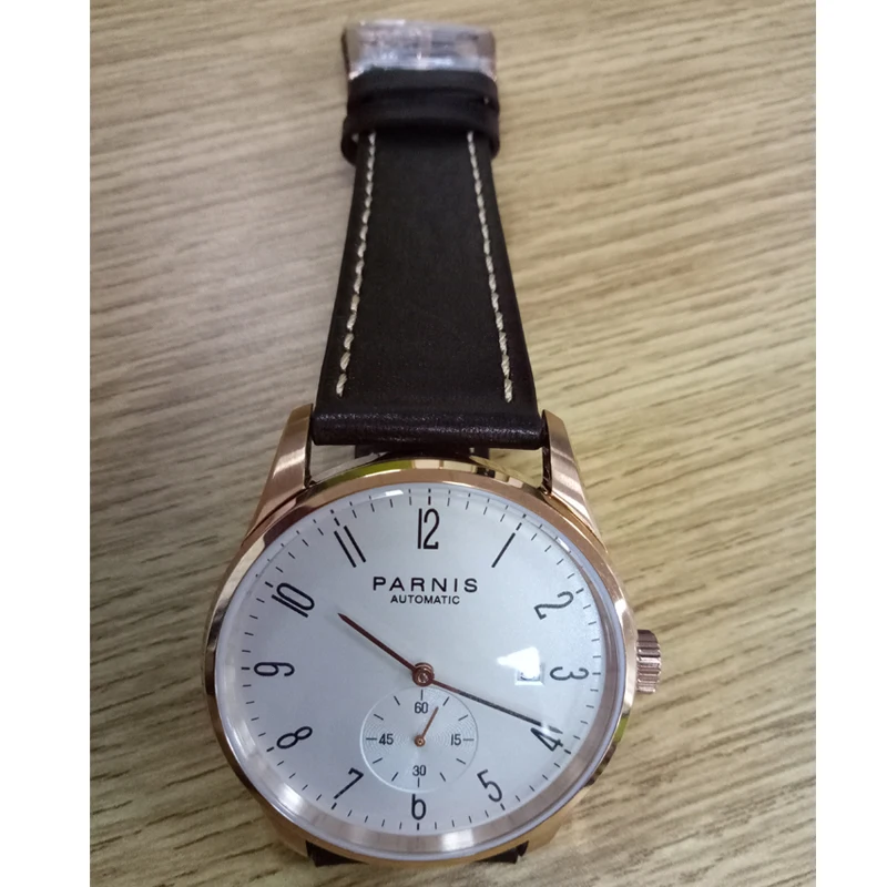 New Parnis White Dial Rose Gold Case Mechanical Automatic Mens Watches Leather Strap Men Wristwatch Luxury Waterproof Clock Gift