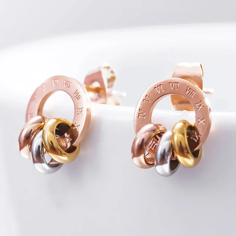 Luxury brand Rose Gold Color Roman Numerals Stainless Steel Stud Earrings For Women Girls Best Jewelry Gift Bjioux