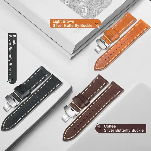 Imagen 2 del producto MAIKES-correas de Reloj de piel de Becerro, correa de reloj hecha a mano, correa de muñeca, hebilla de mariposa de acero inoxidable, reemplazo de 18-26mm