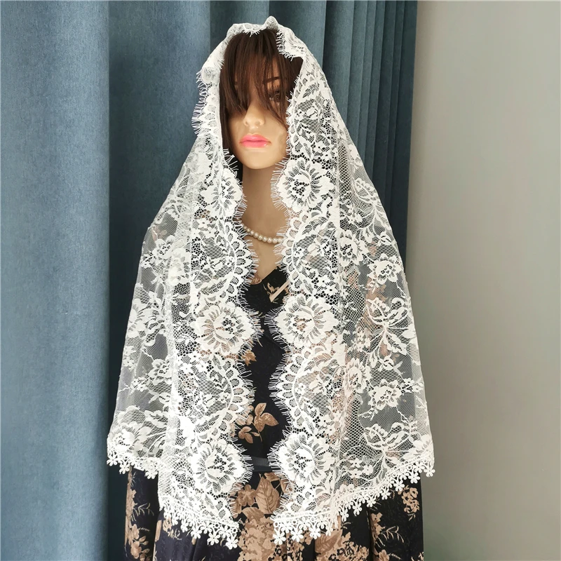 Marfim macio floral laço Mantilla véus para mulheres, cabeça cobrindo envoltórios com clipe de cabelo, véus longos católicos, missa da igreja