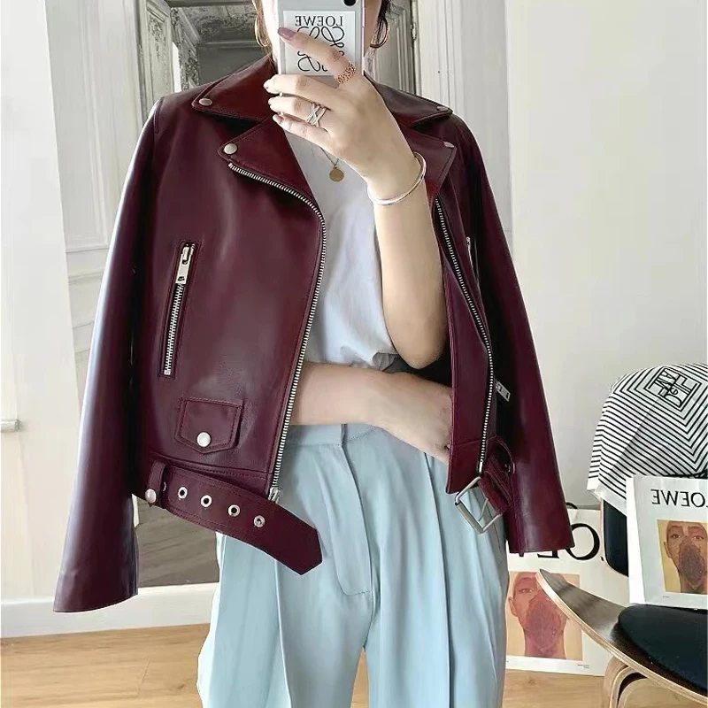 Genuine Leather Jacket Slim Women Spring Coat Autumn New Fashion Short Locomotive Design Style Solid Color