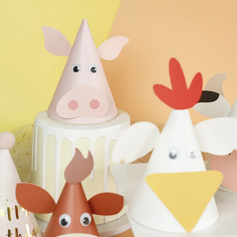 5pcs Farm Animals Paper Hat DIY Birthday Party Decor Kids Children Props for Outdoor Activities Rabbit Sheep Chick Conical Cap view 6