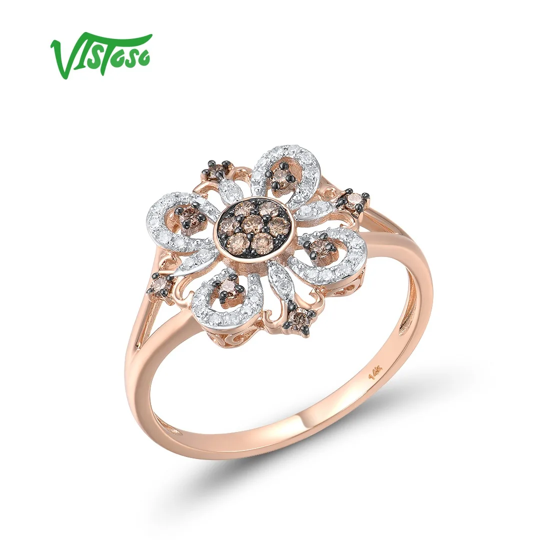 VISTOSO Genuine 14K 585 Rose Gold Ring For Women Sparkling Diamond Brown Diamond Flower Ring Elegant Wedding Trendy Fine Jewelry