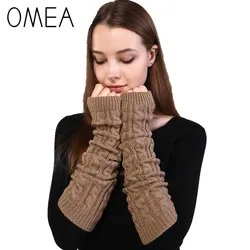 OMEA Women Knitted Arm Sleeves with Twist Braid Pattern Half-finger Gloves Solid Color Spring Arm Sleeve Oversleeves Female Warm