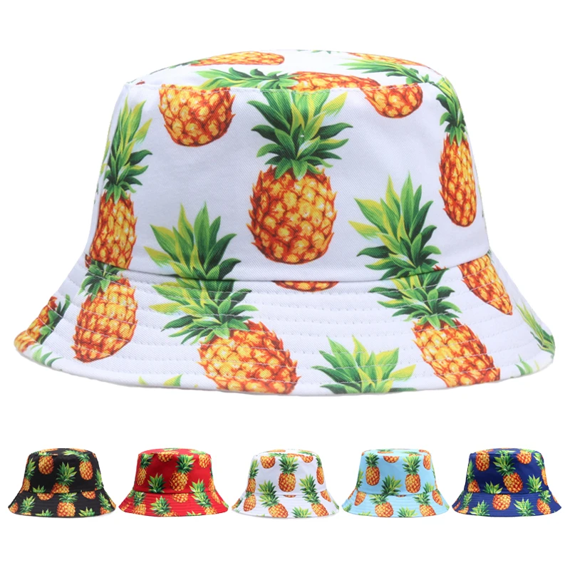 Double-sided Wear Pineapple Fisherman Hat Unisex Aloha Fruit Print Fisherman Cap Summer Leisure Packable Reversible SunHat YD055