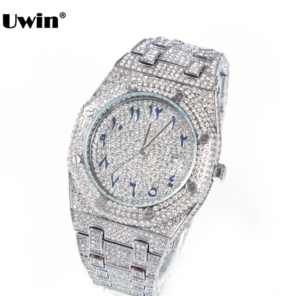 

UWIN Hip Hop Stainless Steel Watches for Men Full Iced Out Stones Fashion Luxury Zircon Quartz Square Wristwatches for Gift