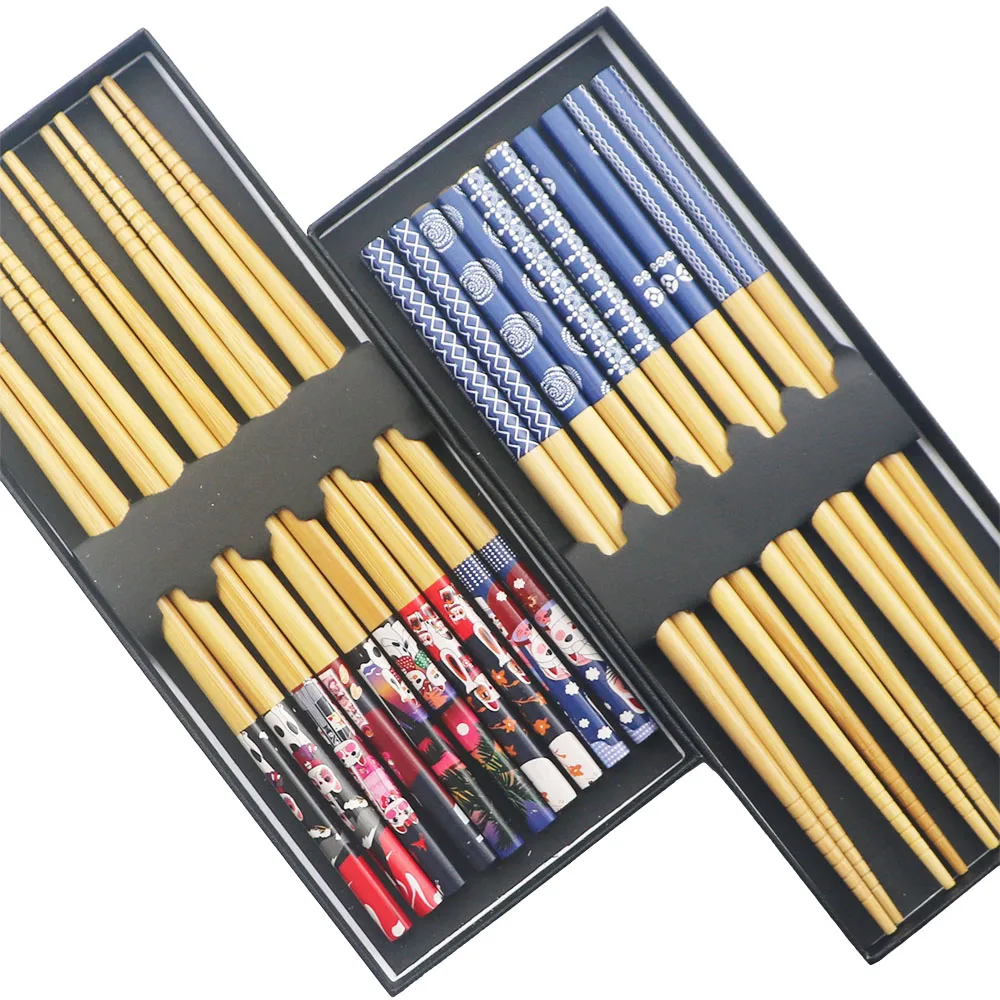 JANKNG-palillos de madera Natural reutilizables, hechos a mano, bambú japonés, Sushi, Hashi, color azul y rojo, 5 pares, 23,5 cm