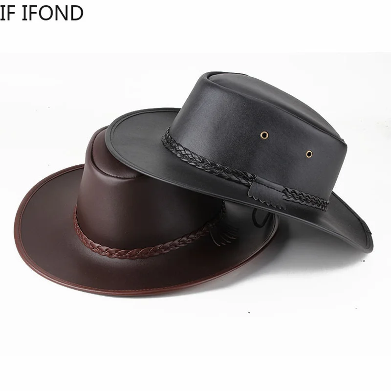 Sombrero de vaquero occidental de alta calidad para Hombre, gorra de cuero de imitación para caballero, Jazz Vintage, otoño e invierno, 2021