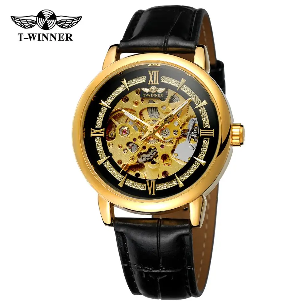 T-WINNER fashion casual men\'s watch luxury black and gold hollow dial gold case black leather strap automatic mechanical watch