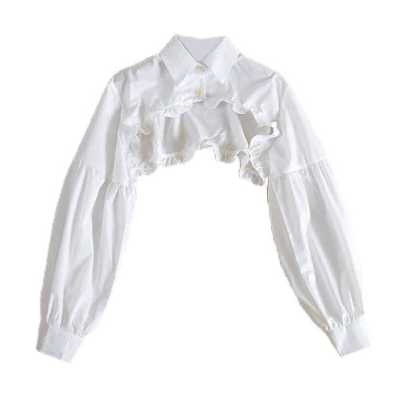 Women Puff Long Sleeve Half Top Blouse Ruffled Golden Button Detachable False Fake Collar Sweater Decorative Accessories