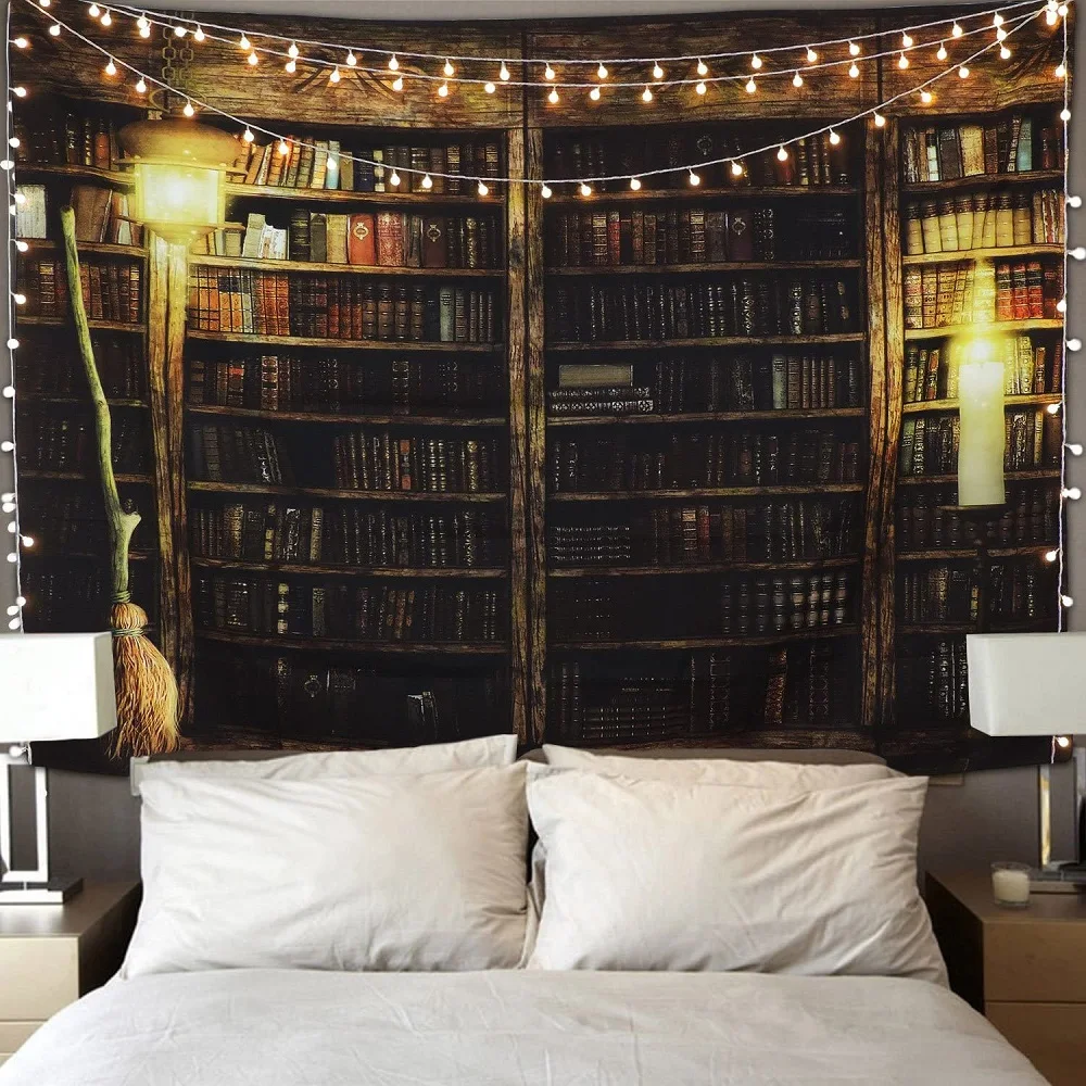 Retro Bookshelf 3D Tapestry Art Wall Hanging Cover Bedspread Throw Bedroom Decor Vintage Mysterious Library Shelves Tapestries