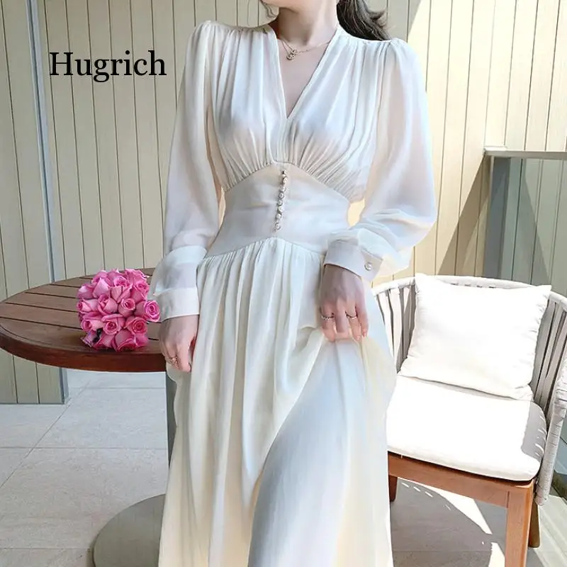 Elegant Women Solid Long Sleeve Fairy Party Office Lady Sexy Loose Midi Dress 2021 Autumn Clothing Female