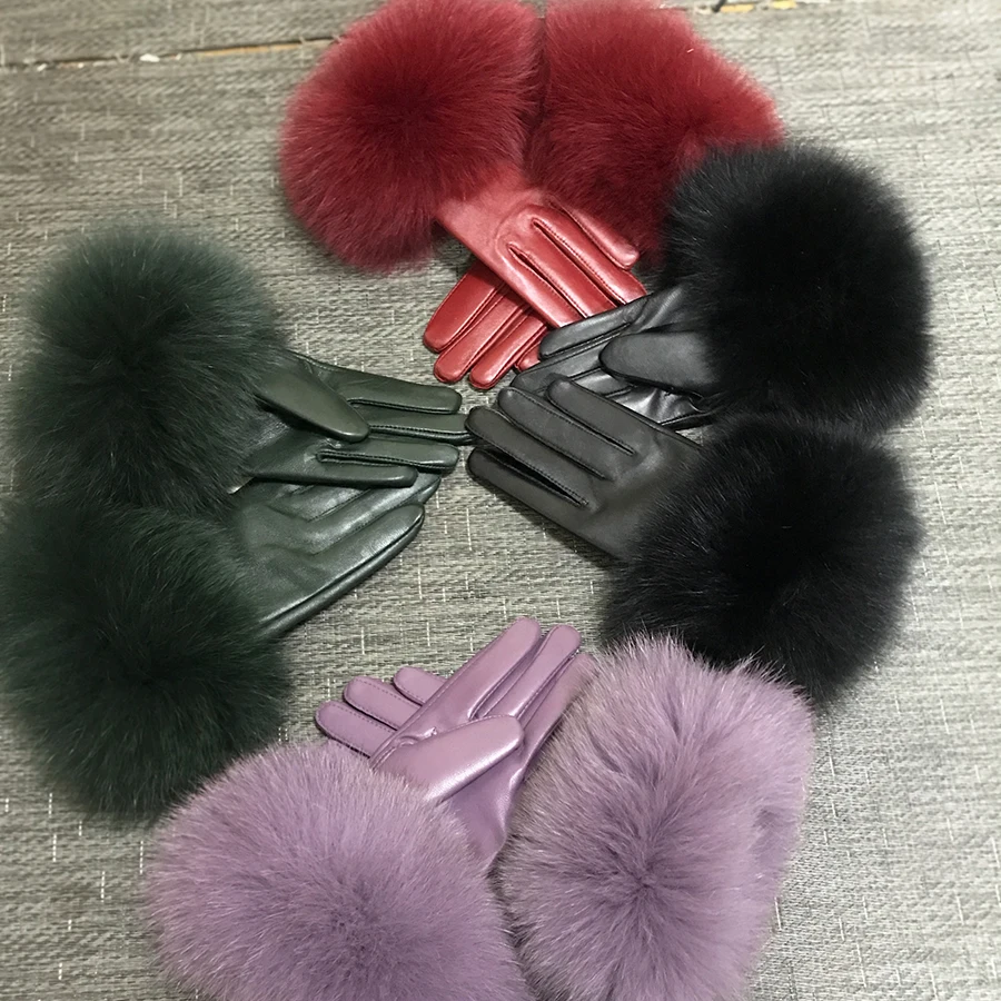 Real Sheepskin Fox Fur Gloves Women\'s Genuine Leather Glove Winter Warm Fashion Style Natural Fluffy Fox Fur Oversized Customize