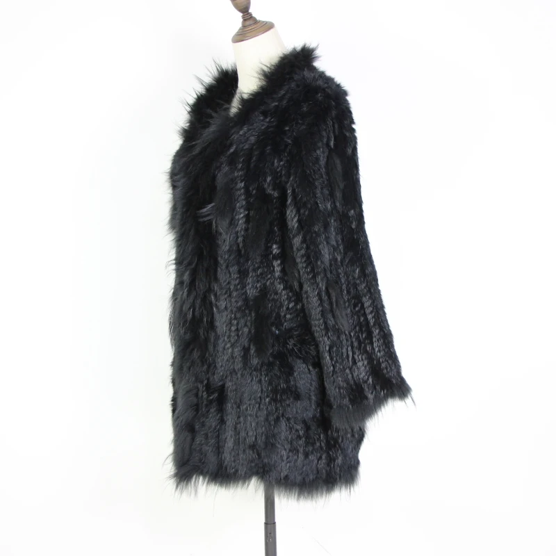 2024 New Style Knitted Rabbit Fur Jacket Fashion Fur Coats Women Winter Fur Overcoat hood racccoon fur collar