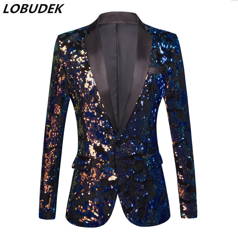 

Stage Male Singer Glitter Sequins Blazers Shawl Lapel Designs One Button Slim Suit Jacket DJ Club Wedding Master Host Party Wear