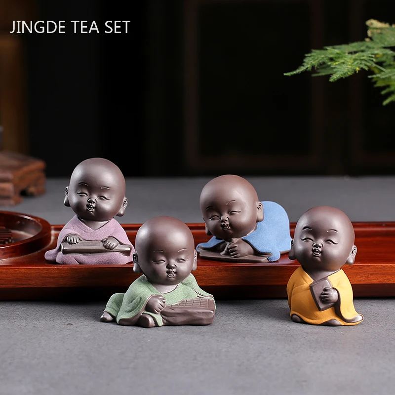 Chinese Purple Clay Tea Pet Lovely Small Buddha Monk Figurine Ornament Home Tea Table Decoration Accessories Handmade Crafts