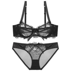 Sexy Lace Push Up Bra Set Breathable PantiesThin Mesh Cup Transparent Behalf Lingerie Bow Embroidery Flora Soutien Gorge