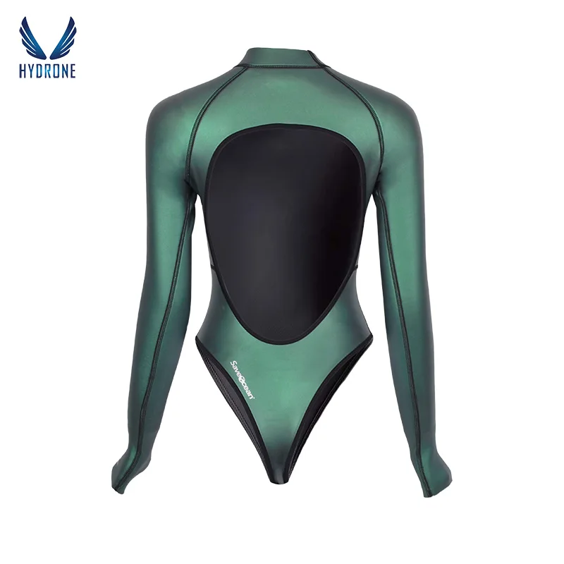 SaveOcean 2mm Long Sleeve Backless T-Back Bikini One Piece Wetsuit Freediving Sun Protection Surf Suit Female Swim Suit Swimwear