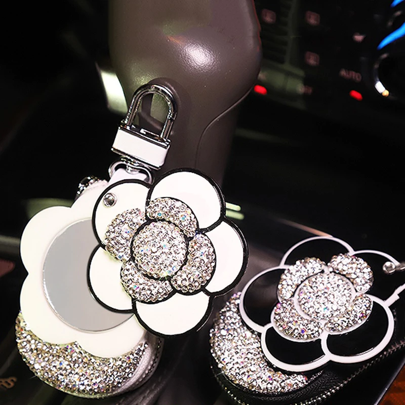 Universal Diamond Flower Car Key Bag Crystal Camellia Mirror Key Bag Car Key Case Cover for Key Shell Case Cover Holder Protect