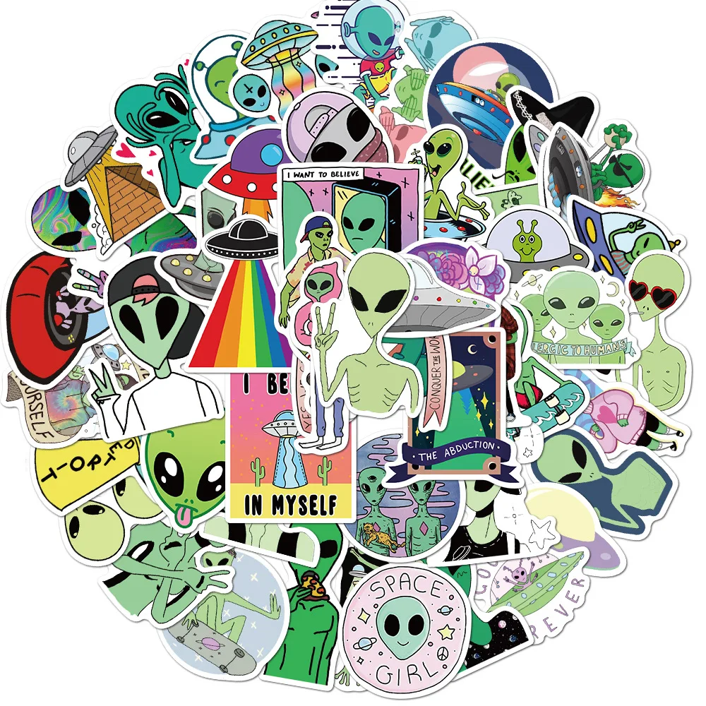 50pcs Eliens Alien Graffiti Sticker ET UFO Cartoon For Luggage Laptop Bicycle Skateboar Notebook Waterproof Customized Stickers