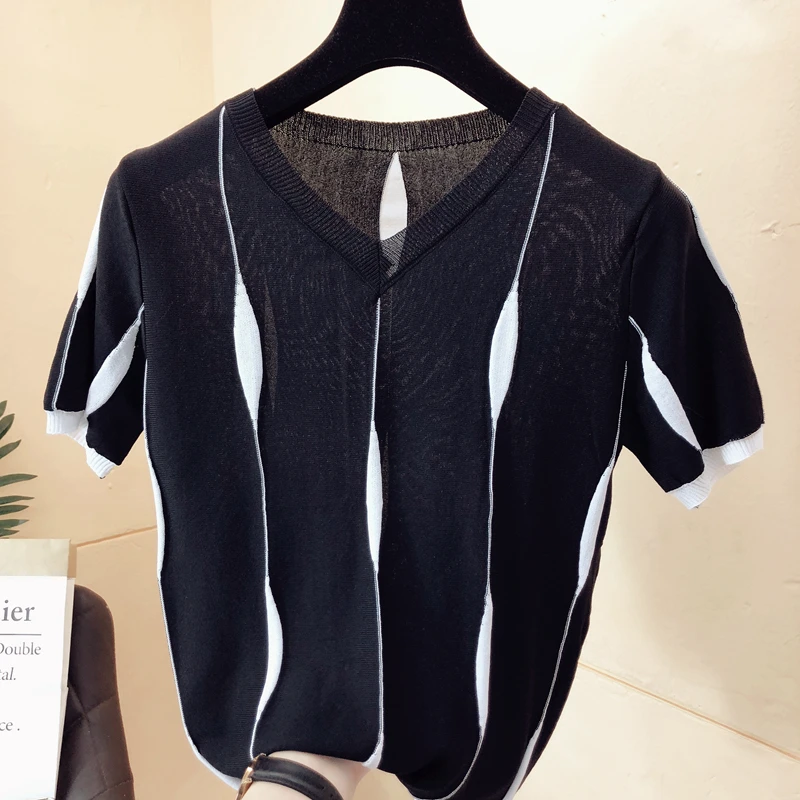 Women Spring Summer Style Knitted Sweater Pullovers Lady Casual patchwork Color V-Neck Short Sleeve pink Pullovers Knitwear Tops
