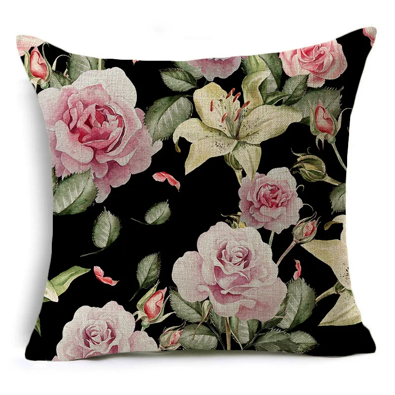 Fundas de cojín de flores de estilo europeo, Fundas de cojín decorativas de flores calientes, rosa, negro, nuevo