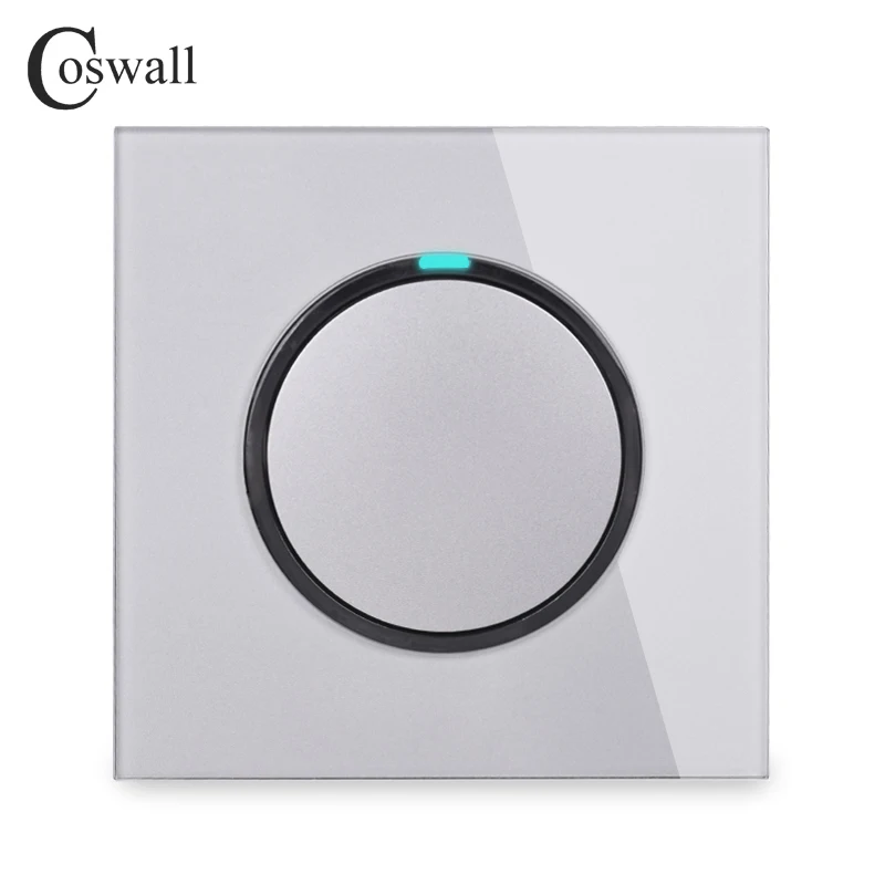 Coswall  1 Gang 1 Way Random Click Push On / Off Wall Light Switch With LED Indicator Tempered Crystal Glass Panel 16A Grey