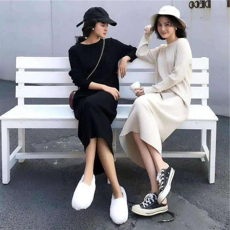 Abito a maniche lunghe donna nuovi amici stile coreano magro Maxi lavorato a maglia solido semplice Casual caldo elasticità o-collo Harajuku Vestido