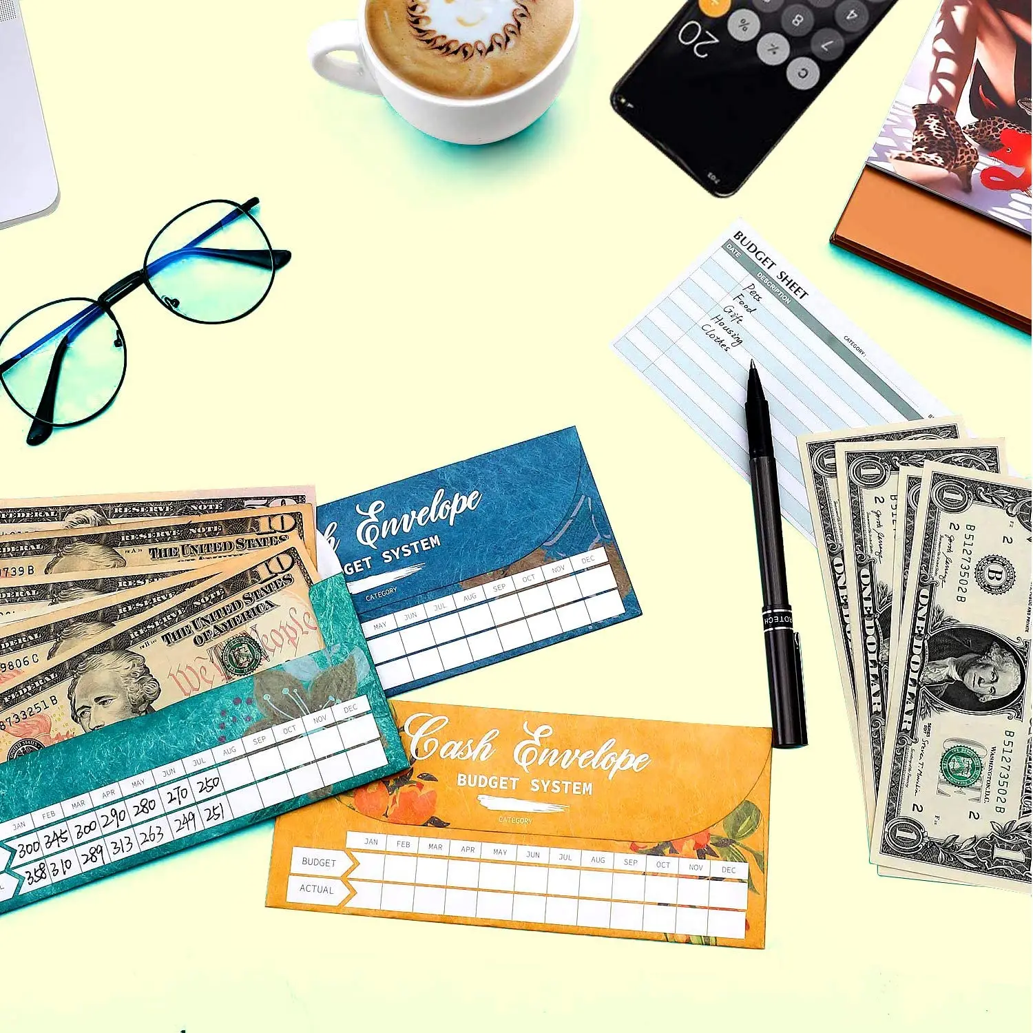Cash Envelopes Budget System Tear & Waterproof with 12 Colors Envelopes for Money Saving,12 Expense Tracking Budget Sheets