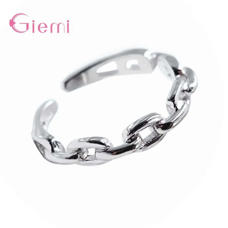 Shining Authentic 925 Silver  Wide Link Chain Pattern Adjustable Finger Rings For Women Wedding Engagement Jewelry