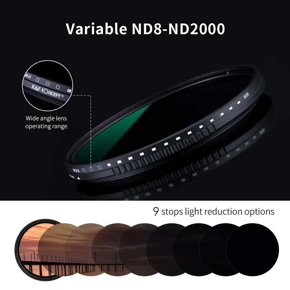 K&F Concept ND8-ND2000 ND Filter Camera Lense Variable Neutral Density Multi-Resistant Coating 49mm 52mm 58mm 62mm 67mm 77mm