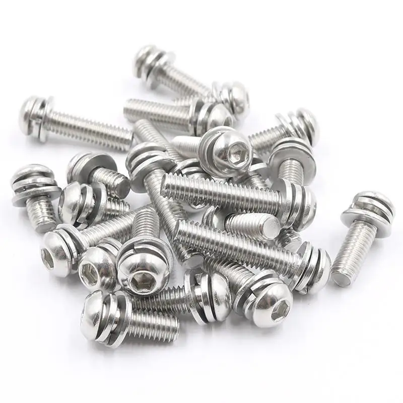 1/50pcs M3 M4 M5 M6 M8 304 Stainless Steel Hexagon Hex Socket Button Head SEM Screw Flat With Washer Spring Gasket Assemble Bolt