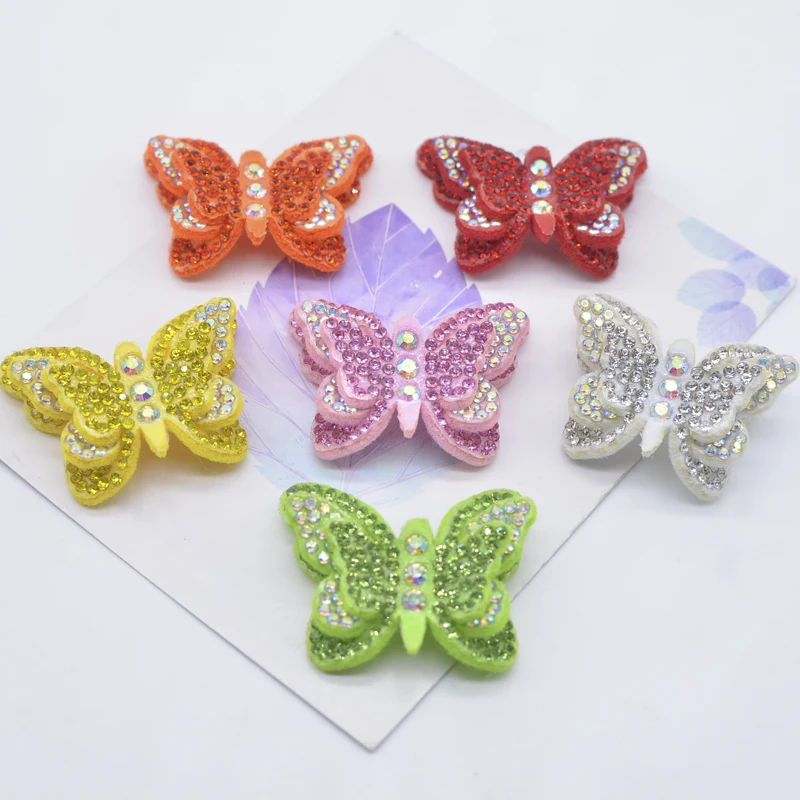 12Pcs/lots 40mm Colorful 2 Size Butterfly Set for Bag Clothing Applique Rhinestone Stick-on Hairband Garment Accessories Patch