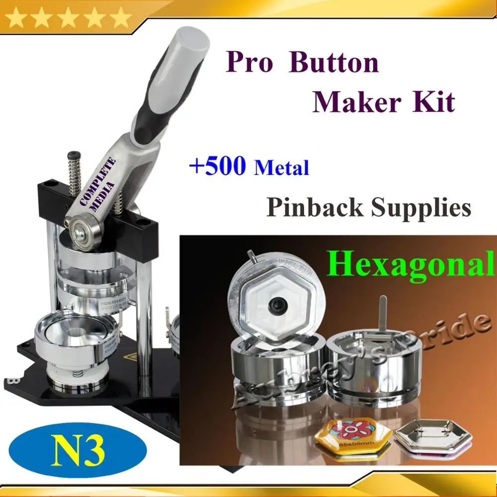 Free Shipping N3 Hexagonal Badge Button Maker Machine with Interchangeable Die Mould +500 Sets Metal Pinback Supplies