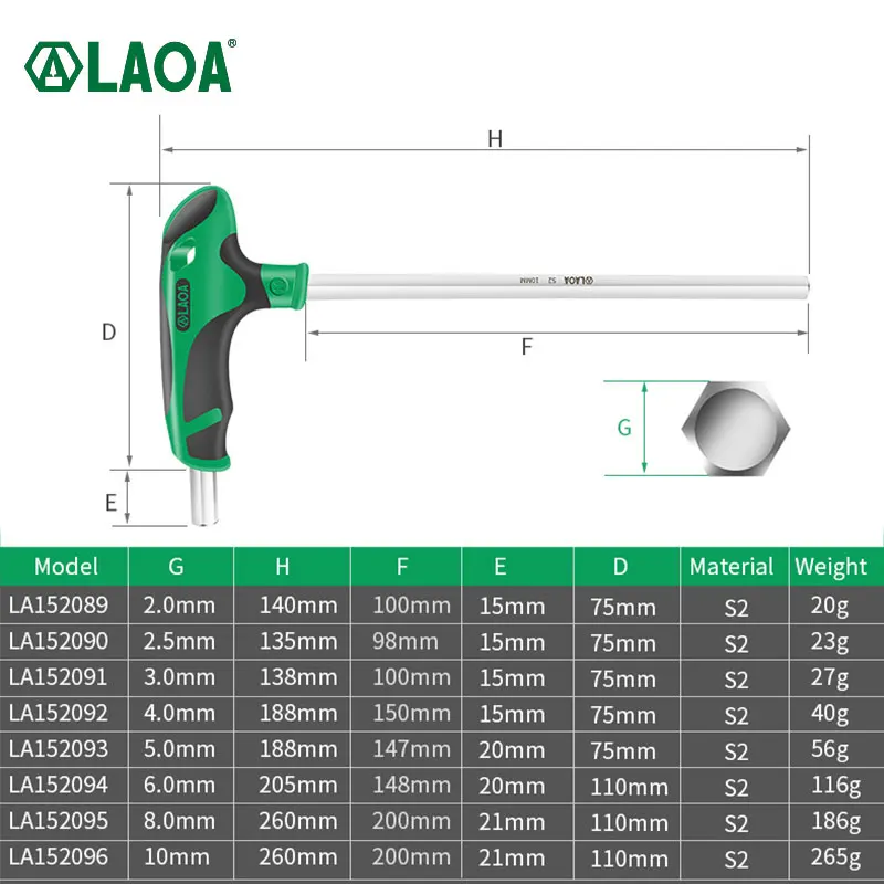 LAOA T-shaped Hex Wrench Screwdriver with Handle S2 Alloy Steel 2/2.5/3/4/5/6/8mm Flat head Hexagon Key Allen Screws Tools