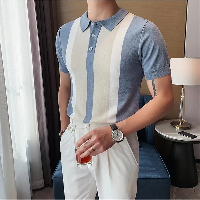 British Style Summer Fashion Color Matching short sleeve POLO Shirt Men High Quality Knitted Slim Fit Lapel Button Tee Shirt Top