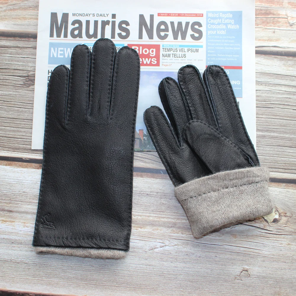 Men\'s Fashion Leather New Deerskin Gloves Hand Stitched Classic Straight Fit Black and Dark Brown with Fleece Knit Liner