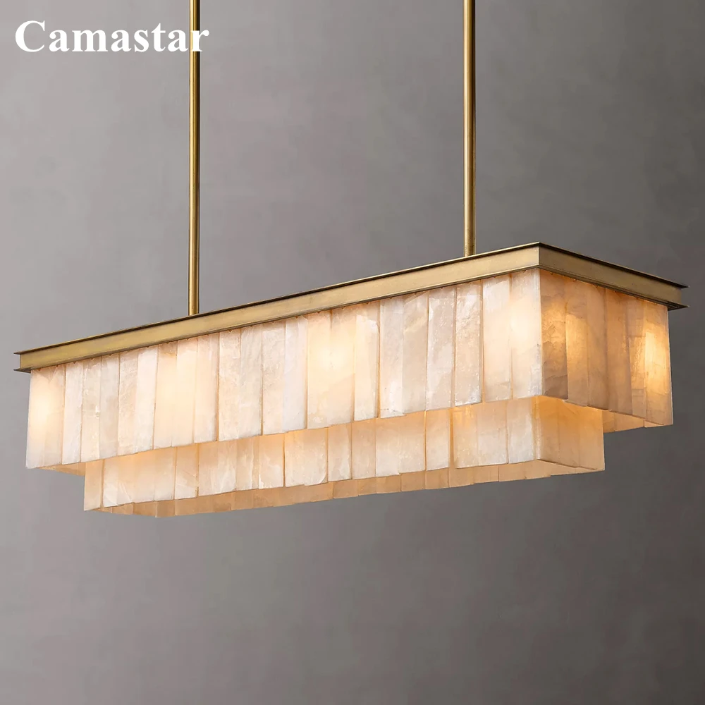 Glace Calcite Rectangular Chandelier LED White Marble Hanging Chandelier Lighting Modern Double-tier Marble Lamp for Dining Room