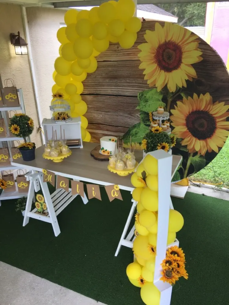 

Round circle background wood sunflower Backdrop baby shower kids birthday Party table/column/cylinder Covers YY-487