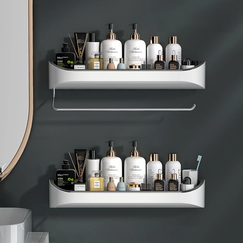 

Wall-Mounted Bathroom Organizer Shelves Storage Rack With Rotatable Towel Bar Kitchen Organizer Household Bathroom Accessories