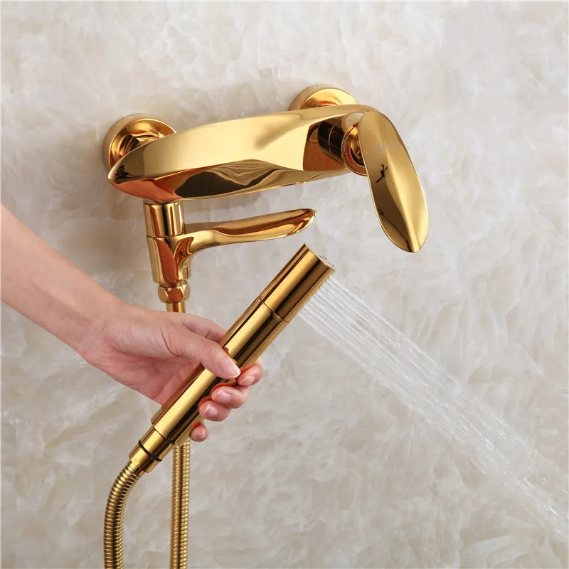 Imagem -05 - Gold Bathroom Shower Faucet Grupo Misturador de Banho Quente e Frio Chrome Brass Bathtub Taps Único Punho com Mão Montagem na Parede Preto